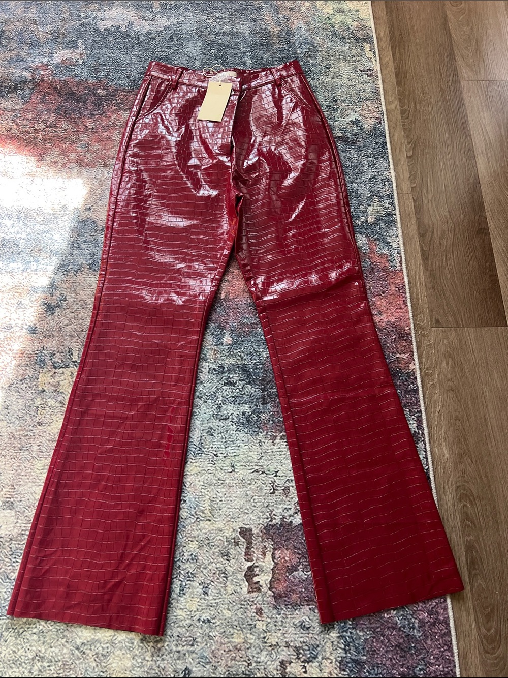 Meshki women’s Glossy Faux Croc Flare Pants - Deep Red